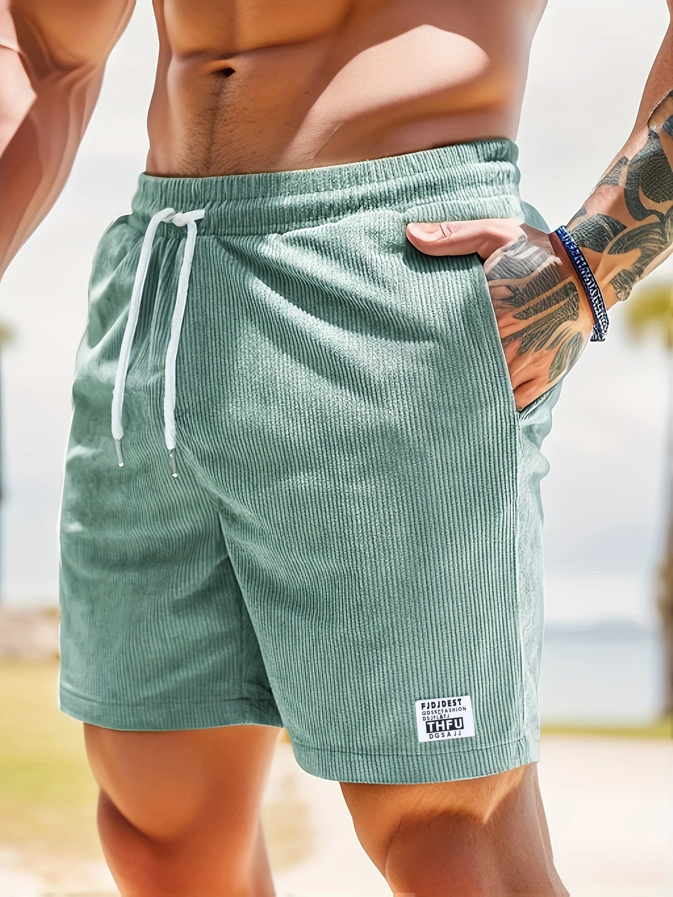 

Men's Japanese-Style Mint Green Textured Casual Shorts, Loose Breathable Drawstring Sports Shorts