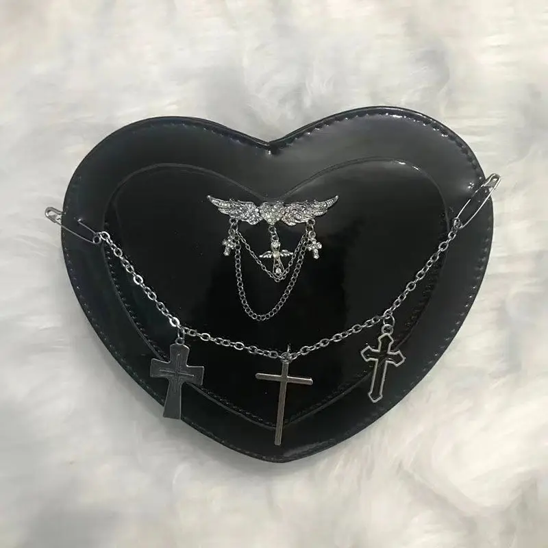 Vintage Cross Chain Gothic Heart Punk Shoulder Bag Y2k Ins Diamond Wings Handbags Streetwear Women Harajuku Underarm  Fashion