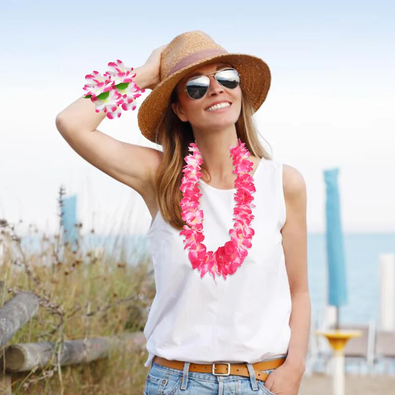 4 Stück hawaiianische Leis-Girlande mit Armbändern für Luau Sommer, tropische Geburtstagsfeier-Dekoration, künstliche Blumenkranz-Halskette – Detail 3