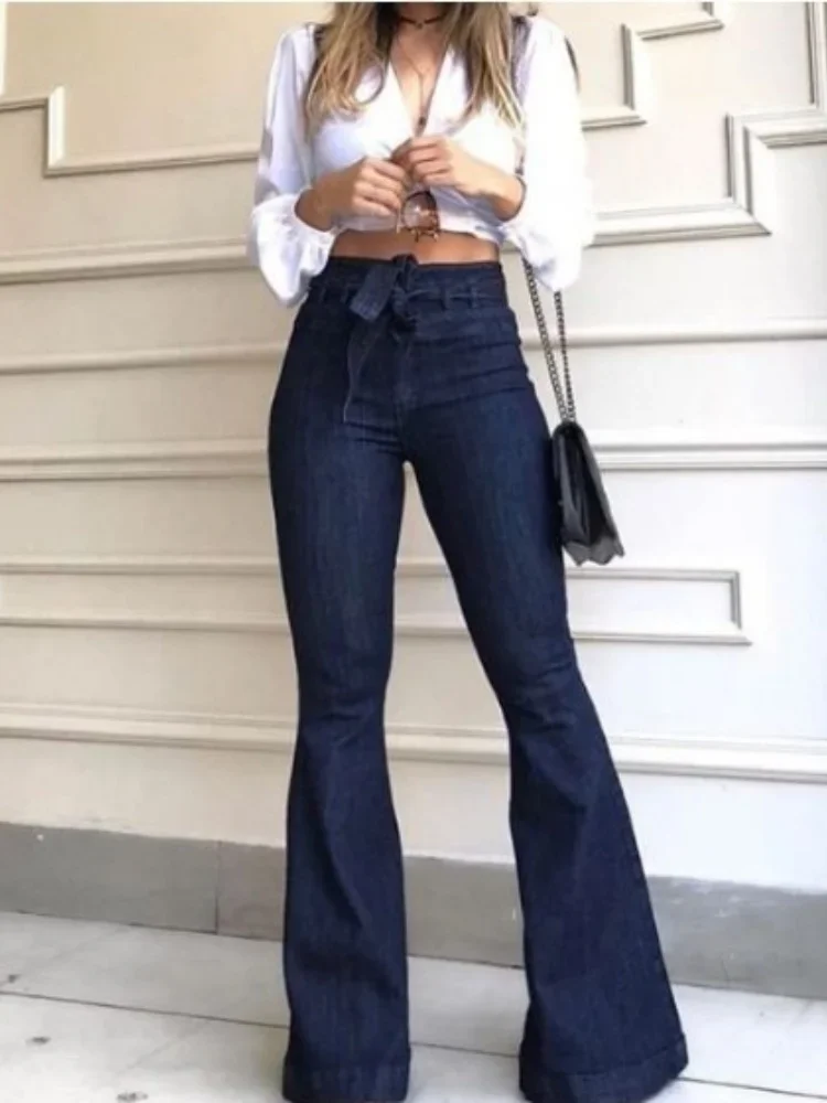 المرأة الخصر رفع الورك التعادل مرونة مضيئة واسعة الساق الجينز رقيقة تظهر طول الساق ثنى تنفس الرجعية المد السراويل