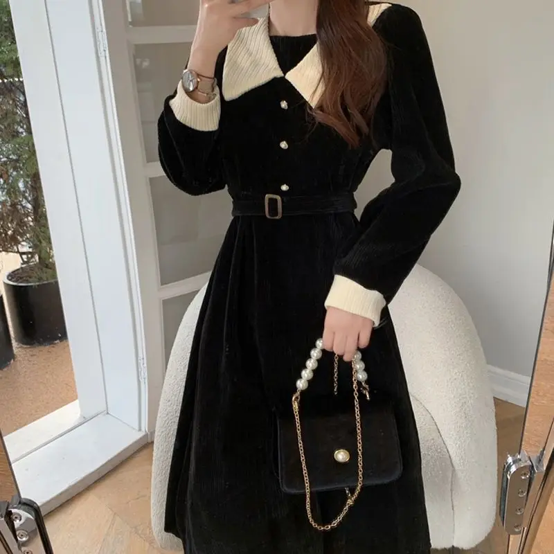 Dresses Women Vintage Design Fashion Temperament British Style Peter Pan Collar Leisure Empire Sweet Patchwork Stylish Vestidos