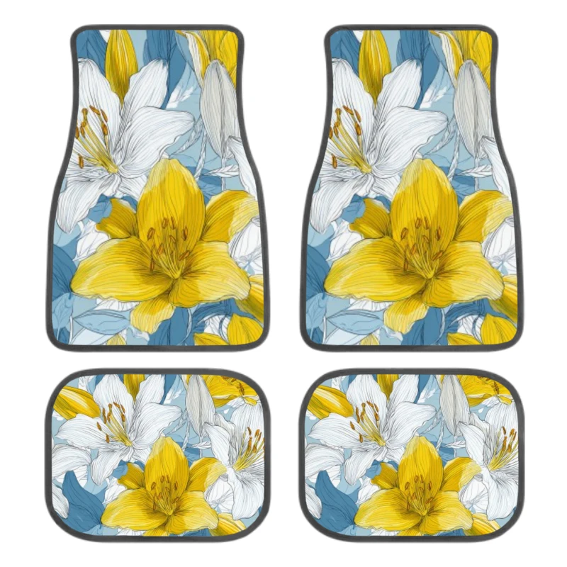Set Of 4 Non-Slip Car Floor Mats Featuring Elegant Floral Design With Yellow And White Lilies, Suitable For Front And Rear, Deco