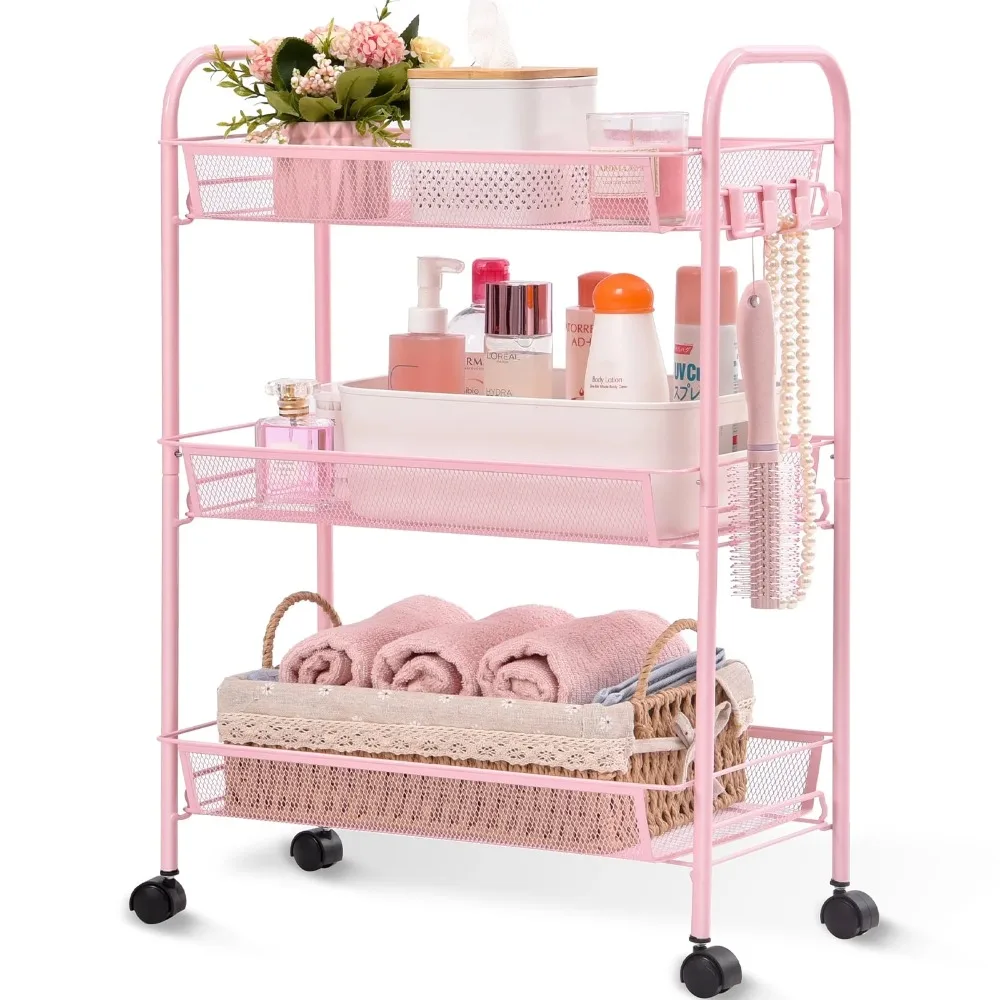 

3 Tier Rolling Cart Organizer, Mesh Cart with Wheels, Utility Cart for Office, School,Storage, Pink