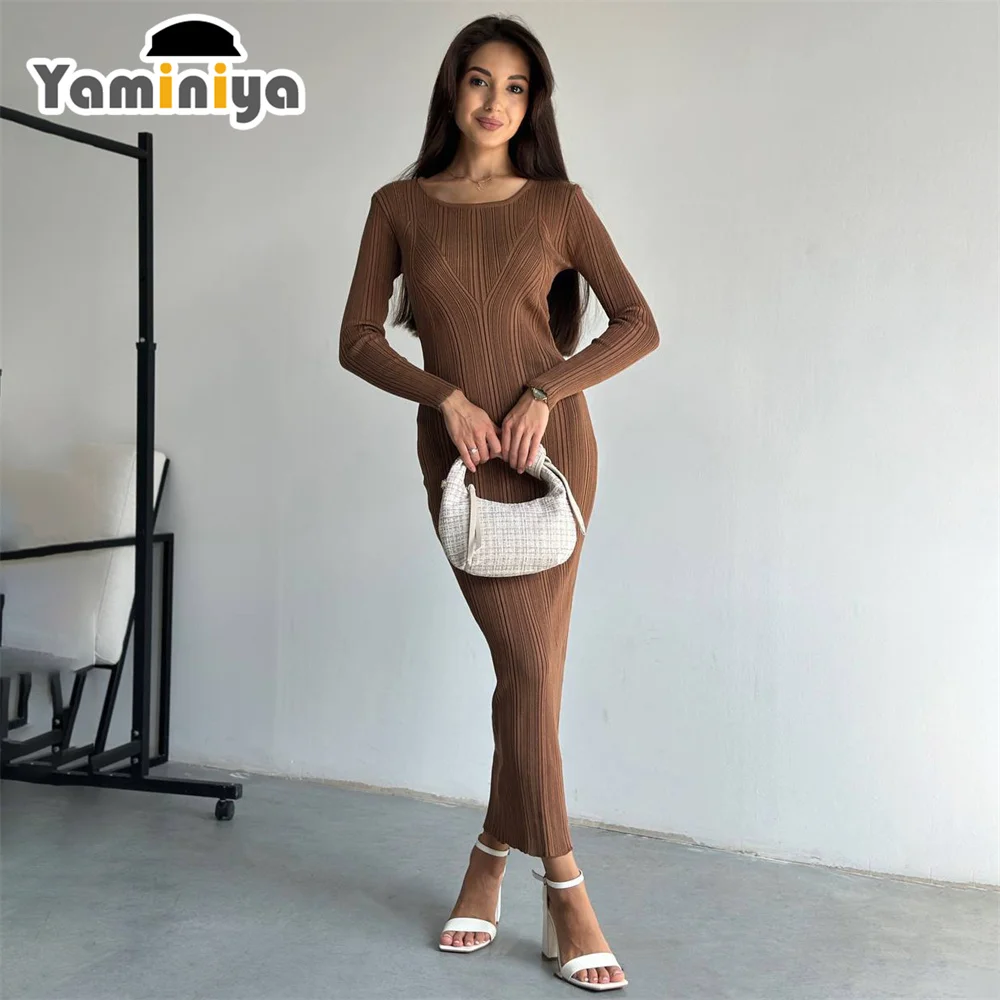 Yaminiya Autumn Women\'s Dress Striped Crochet Long Sleeve Dress Knitted Sweater Pullovers Fashion Slim Long Skirt 2024 New