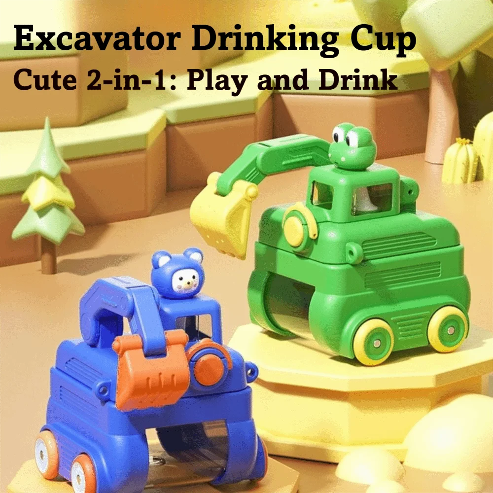 Unique Rotatable Excavator Water Bottle 500ML No BPA Straw Water Bottles Cartoon with Wheels Children's Kettle Gift