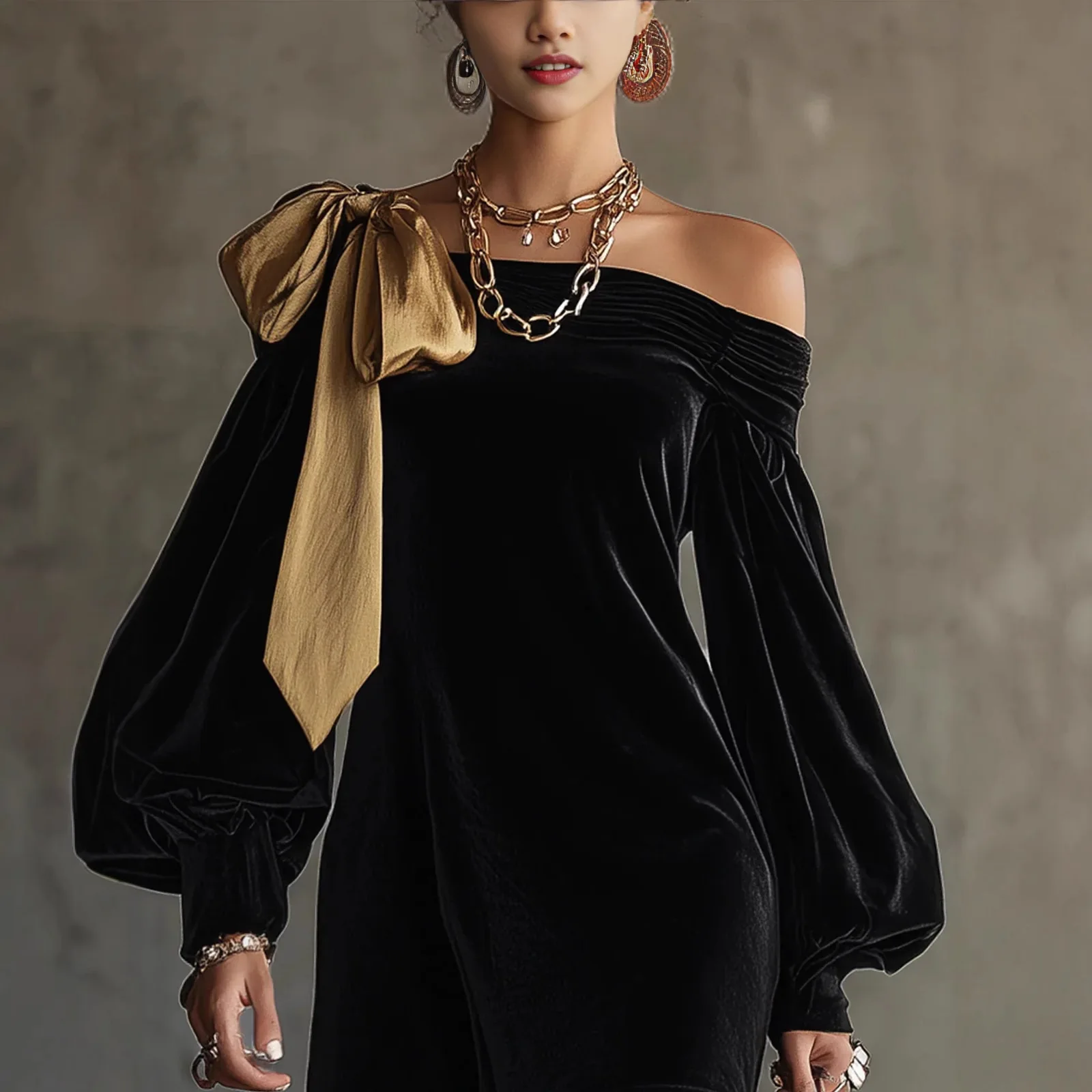 حفلة كوكتيل قبالة الكتف فانوس كم طويل ربطة القوس فيونكة خمر المخملية فساتين صغيرة الخريف الشتاء فستان حفلة أنيقة