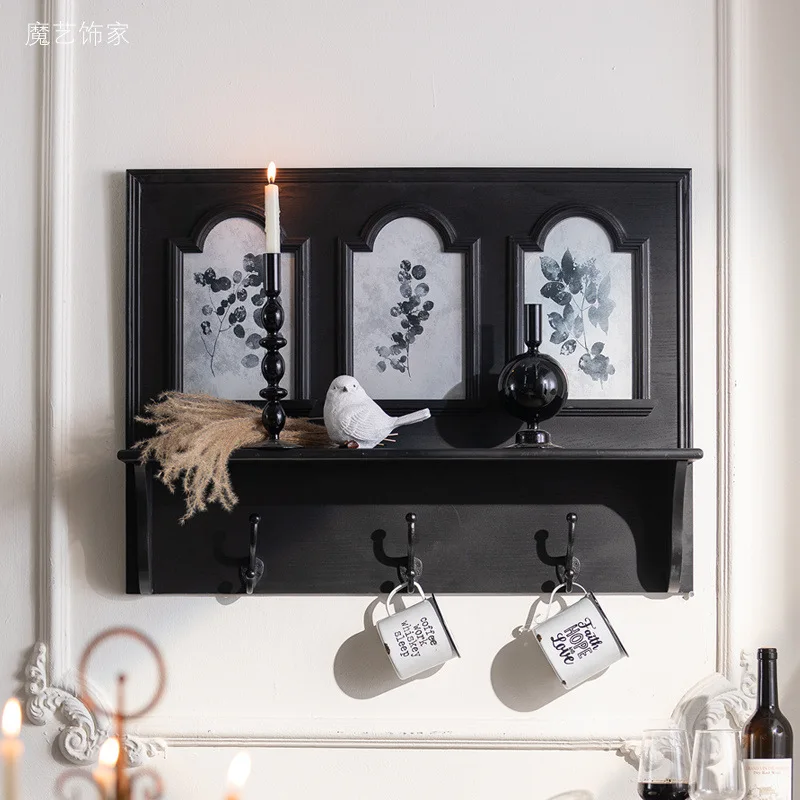 Household wine cabinet wall rack, black wall retro decorative teacup rack, homestay hotel wall cabinet