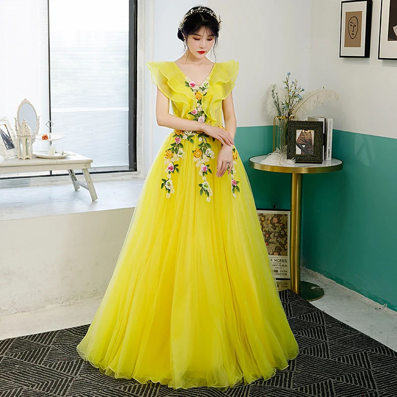 yellow fairy theme dress Quinceanera fairy flower vine ball gown dress long vintage medieval Renaissance princess Victoria/party