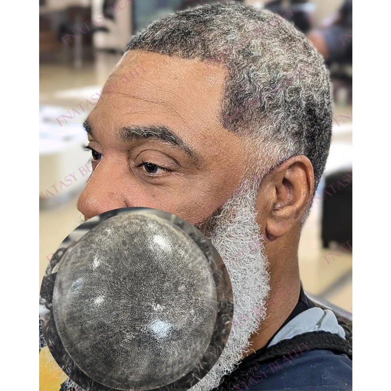 

Natural Hairline Old Man Grey Human Hair 12mm Deep Wave Hairlosss Men Toupee Strong 0.12mm PU Base Durable Man's Hairpieces Wigs