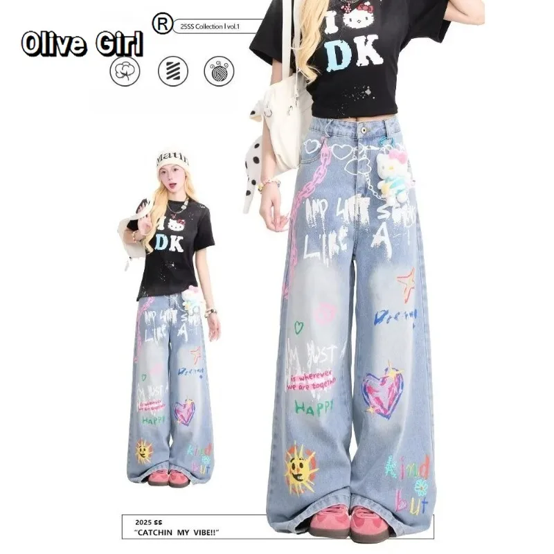 Olivegirl Oversized Jeans American Women's Trousers Dopamine Cartoon Printed Girl's High Street Graffiti Slim Wide Leg Pants