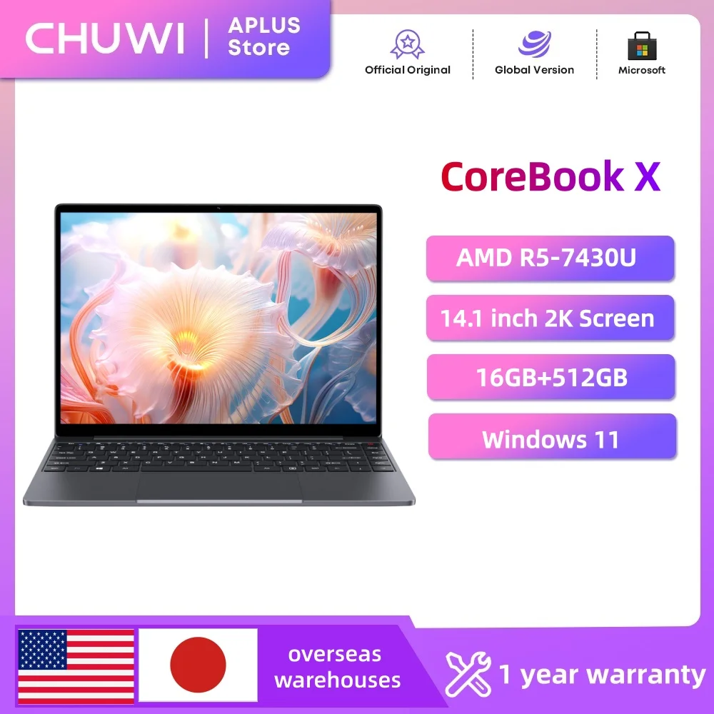 CHUWI CoreBook X AMD R5-7430U كمبيوتر محمول للألعاب 14.1 بوصة 2K شاشة 16 جيجابايت DDR4 RAM 512 جيجابايت SSD ويندوز 11 Wifi6 الكمبيوتر المحمول
