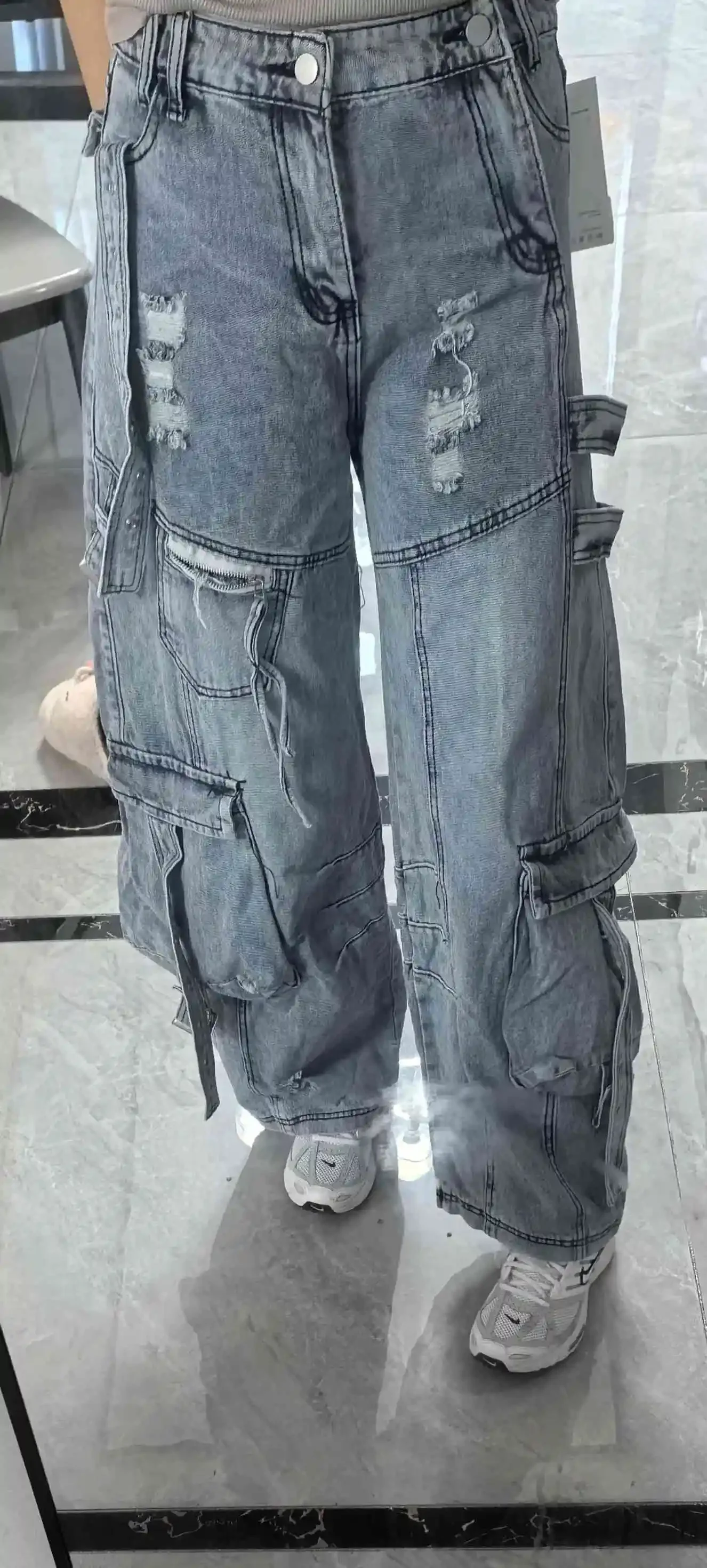 Jean Cargo déchiré Vintage bleu effiloché, multi-poches, pour femmes, Cyber Chic américain Hip Hop Y2k, taille haute, pantalon en Denim droit ample