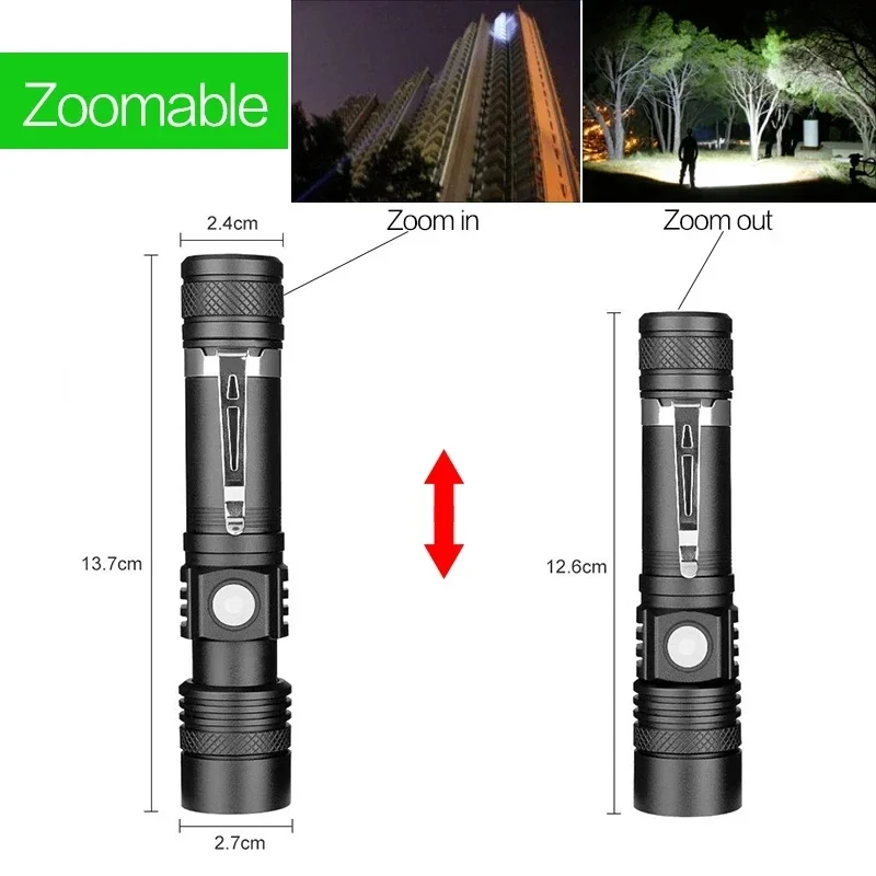 Powerful LED Flashlight with Clip Portable Telescopic Zoom Rechargeable Defense Flashligh For Outdoor Camping Hiking Cycling