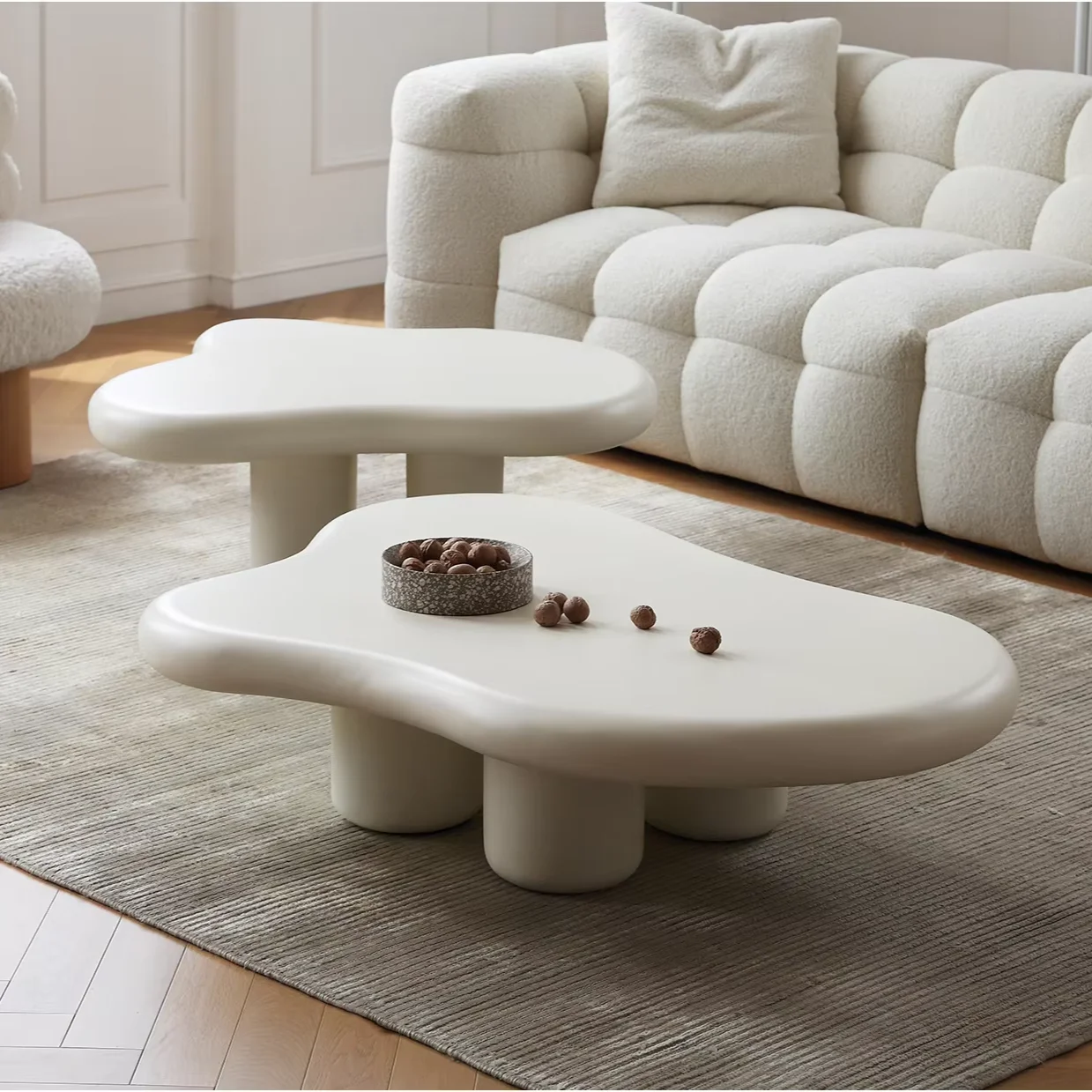

# Cream White Wavy Cloud Shaped Wooden Coffee Table Set with Marble Top TV Stand and Glass Elegant Living Room Furniture