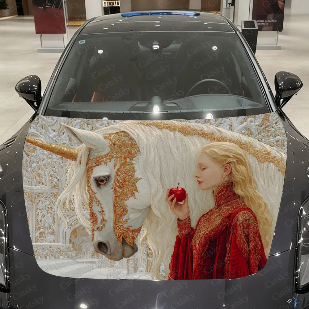 Unicorn And Golden Princess Car Film Sticker, PVC Waterproof Car Cover Self-adhesive Scratch Resistant Sticker, Suitable For Eng