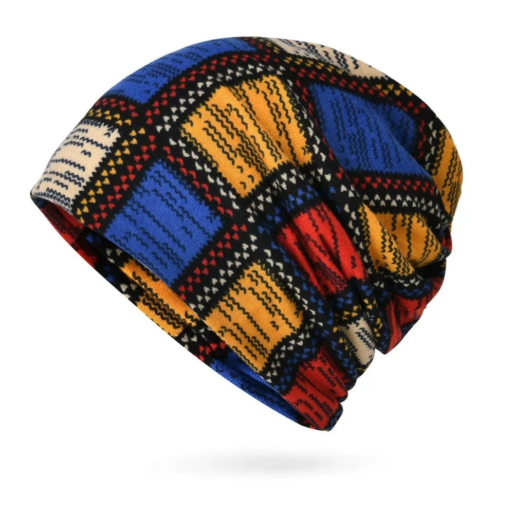 Autumn & Winter Vintage Printed Beanie - Classic Color Block Elastic Slouchy Skull Cap Boho Neck Gaiter Windproof for Women Men