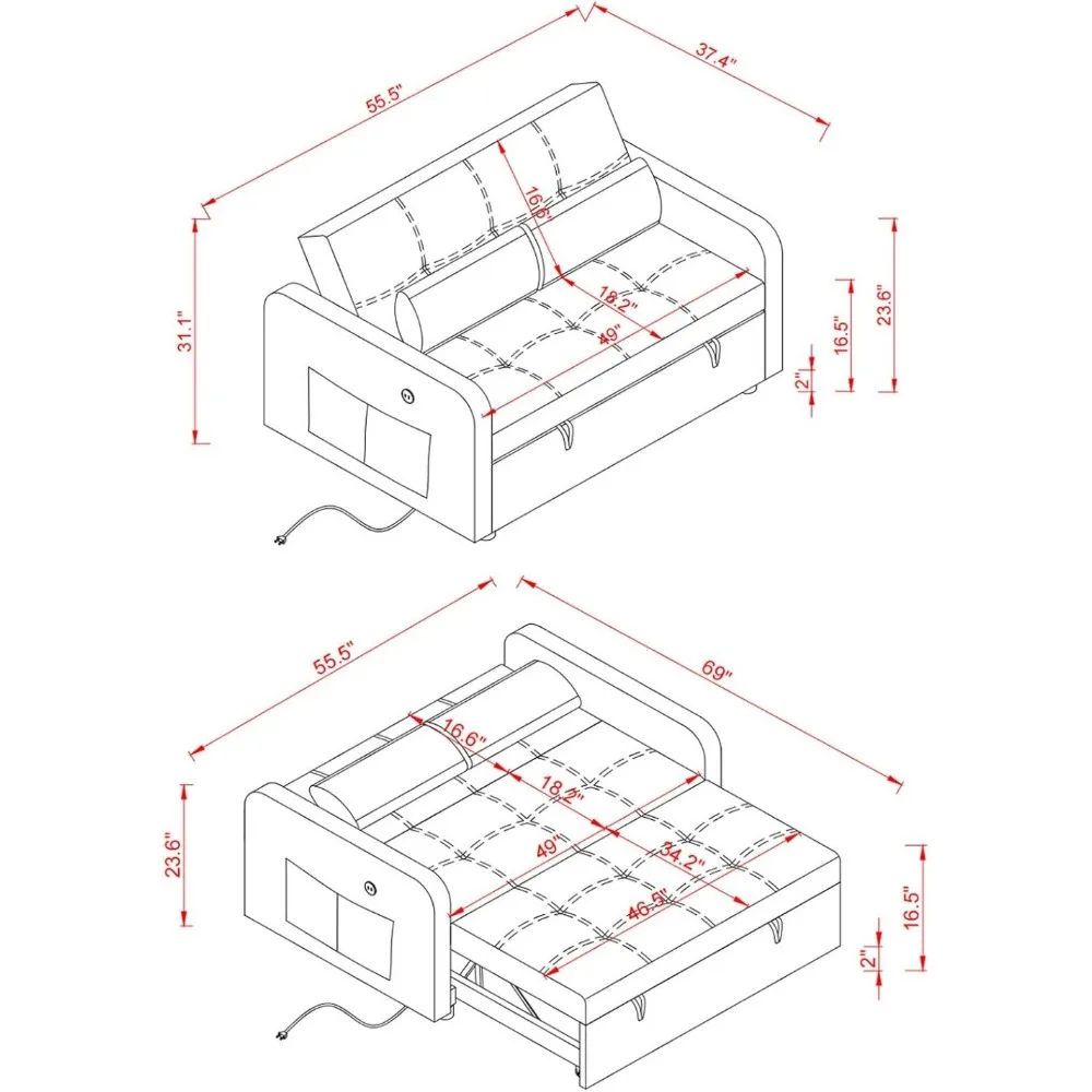 55'' Velvet Sofa Bed, Pull Out Sleeper Sofa Couch Bed, Loveseat Couch Bed, Futon  with USB Charging Ports, Convertible Sofa Bed