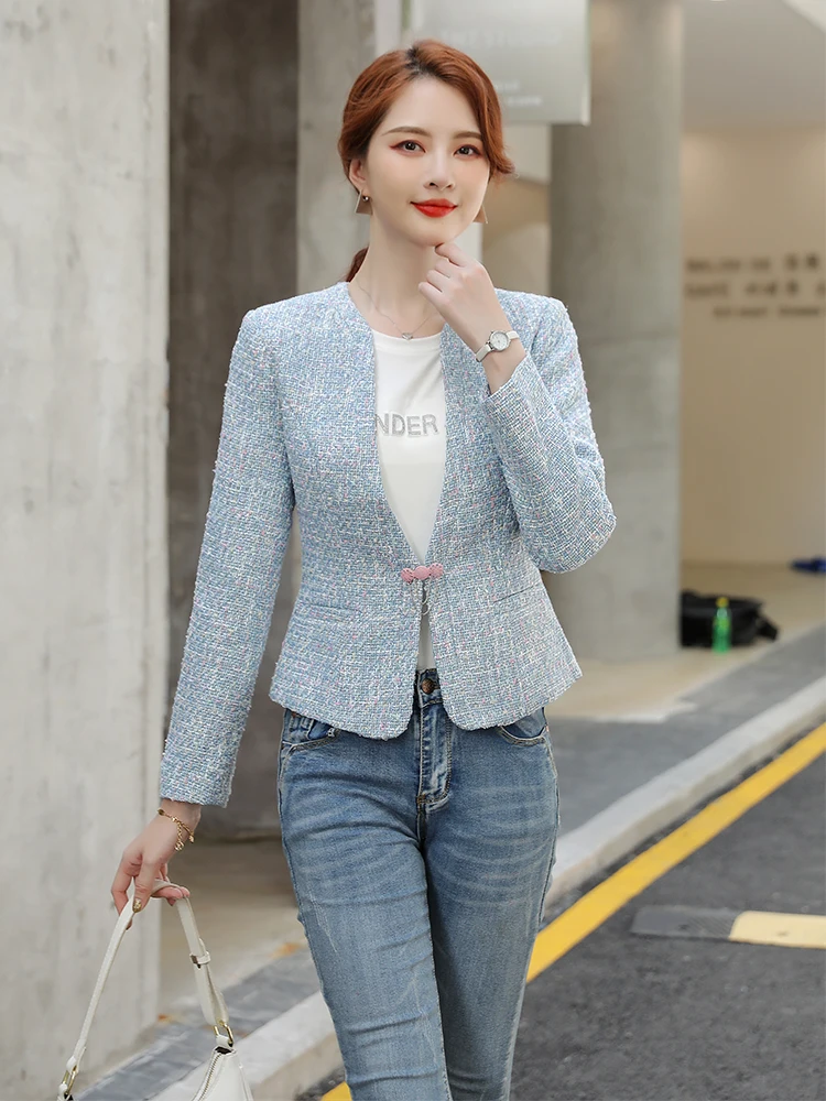 Chaqueta elegante a cuadros para mujer, abrigo informal ajustado de manga larga con cuello en v, color rosa y azul, primavera y otoño