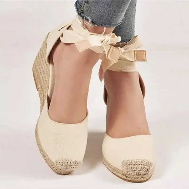 2026 Neue Damen-Sandalen mit großem Keilabsatz, dicker Sohle, Baotou-Tasche mit Fußringriemen, Stoffoberfläche, Hanfseil-Sandalen für Damen – Detail 6