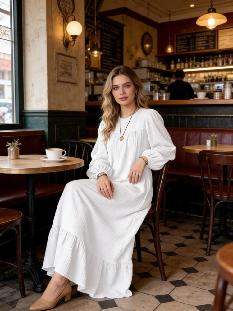 

Новое женское платье на весну-осень с длинным рукавом, свободного кроя, больших размеров, с круглым вырезом, однотонное, с оборками, повседневное, длинное.