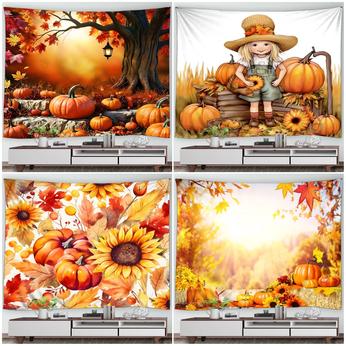 가을 태피스트리 벽걸이 장식 수확 계절 가을 풍경 트럭, 호박 해바라기 풀, 가을 침실 거실 태피스트리