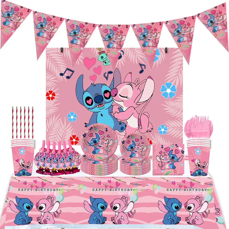 Disney Lilo and Stitch Pink Angel Birthday Decoration Disposable Tableware Set Birthday Backdrop Kids Girl Party Supplies Gift