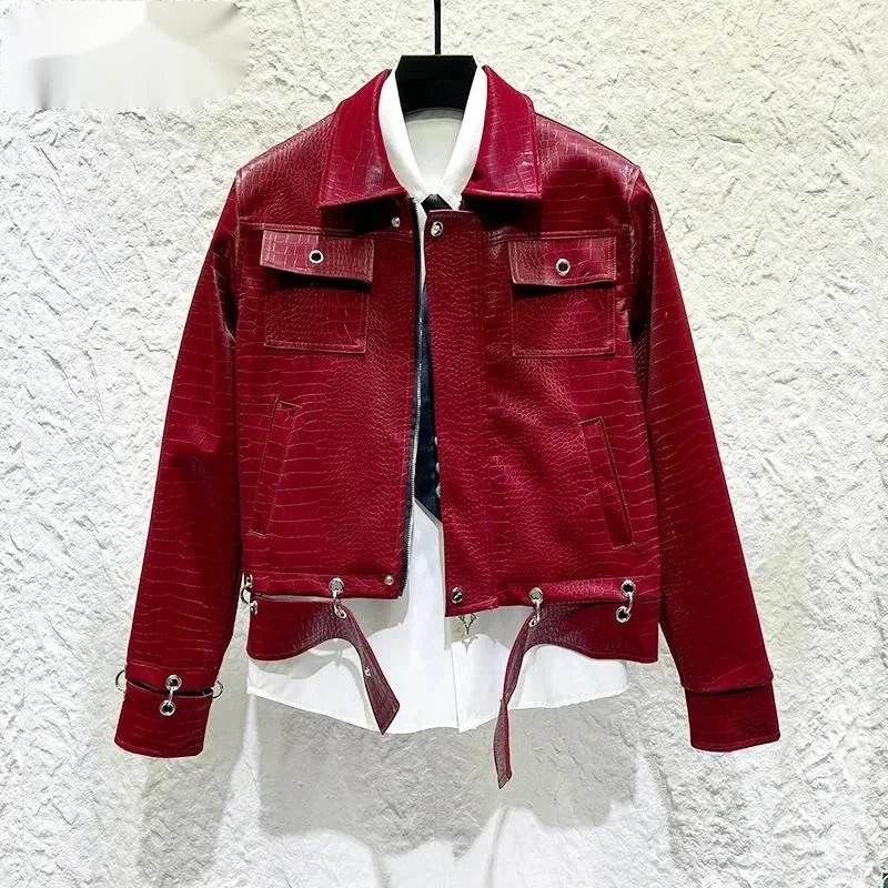 American Style PU Leather Men Jacket Niche Design Metal Splicing Decoration Lapel Short Coat Trendy New Menswear VFGT56