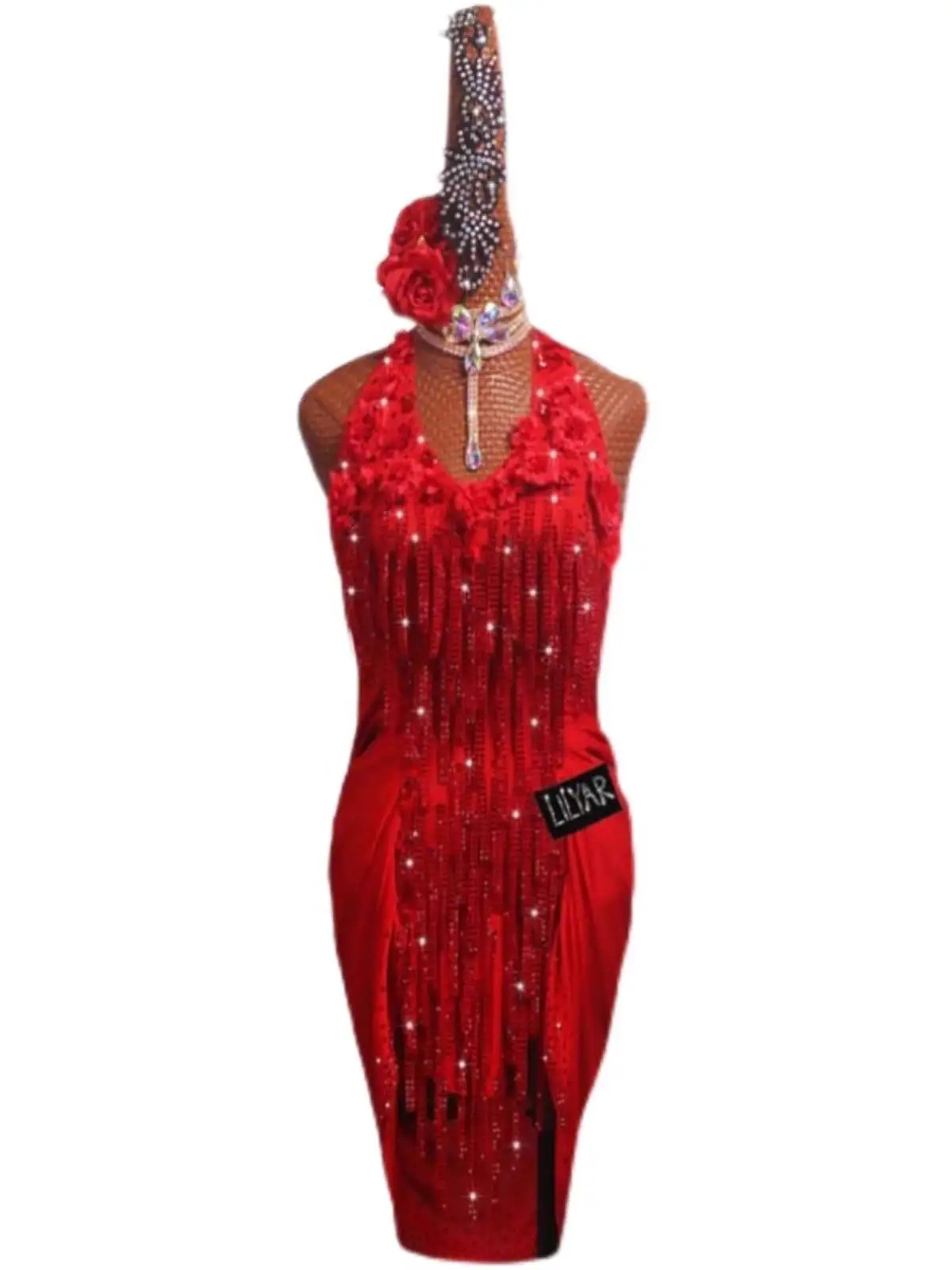 Rok Rumbai Cha Tari Latin Baru untuk Anak-anak dan Dewasa, Rok Tari Denim, Kostum Pertunjukan Disesuaikan Rumba, Rok Merah