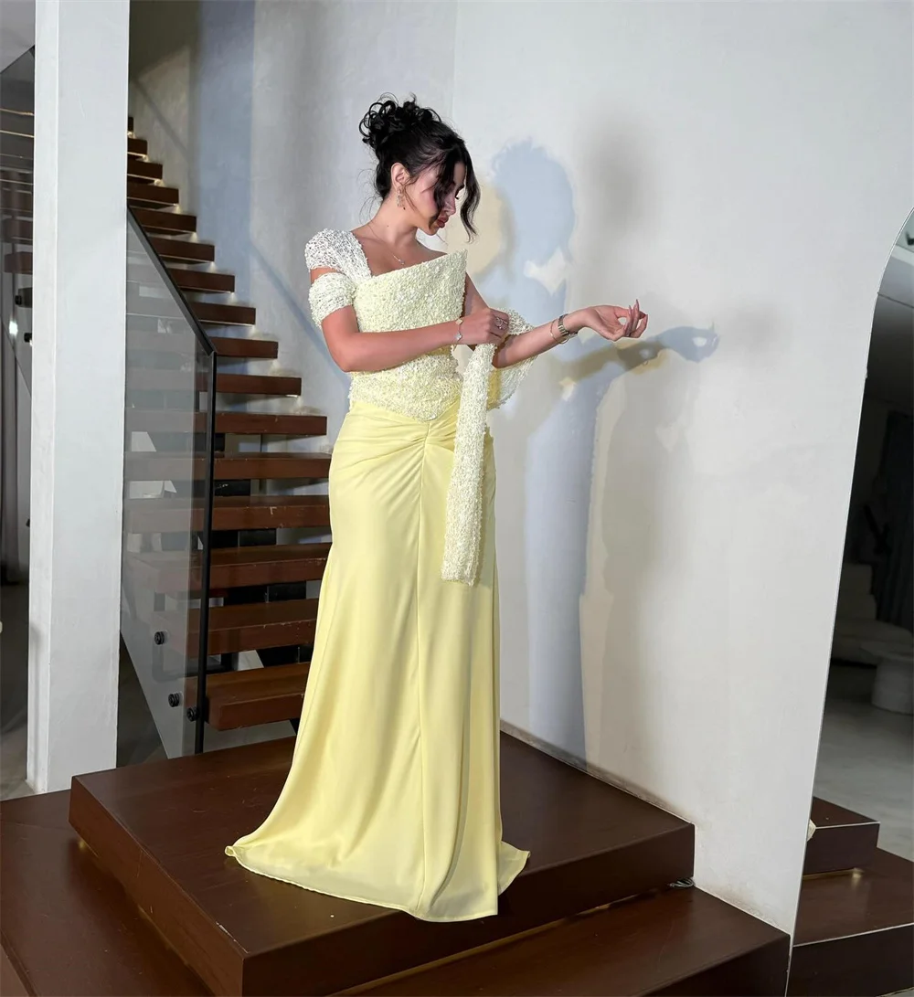 كاثي مخصص أصفر كتف واحد لامعة الترتر فساتين لحضور الحفلات الموسيقية حورية البحر بلا أكمام vestidos de noiva طول الأرض مساء رسمي