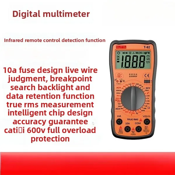 Digital Multimeter DT92 Overload Protection, Live Wire Identification Capacitor True RMS Infrared Remote Control Detection