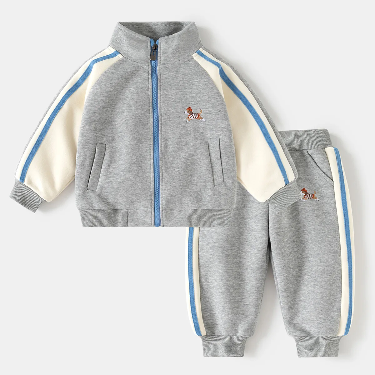 Kids Fashion Two-Piece Tracksuit Set Autumn Boys Striped Sleeve Cute Puppy Embroidery Zipper Stand Collar Jacket + Sweatpants