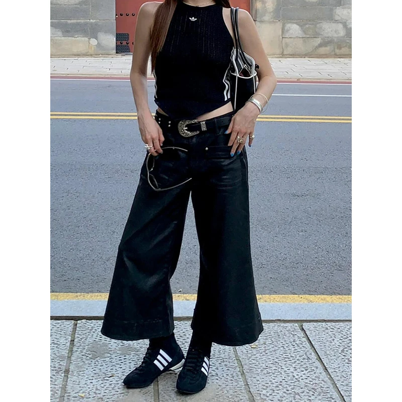 PBAP Cleanfit Women Solid Black Bootcut Jeans Jorts Retro Spliced Pockets Wide Leg Wax Coated Denim Short Pants Punk Streetwear