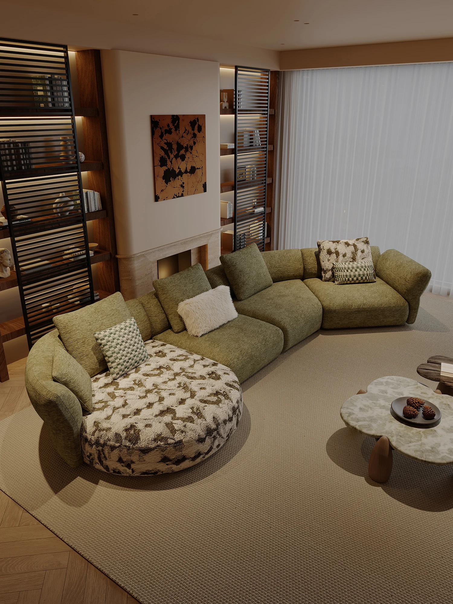 Three Tone Modular Sofa Ivory Olive And Sand Tufted Upholstery Curved End Module Bolster Pillow For Living Room Villa Bedroom