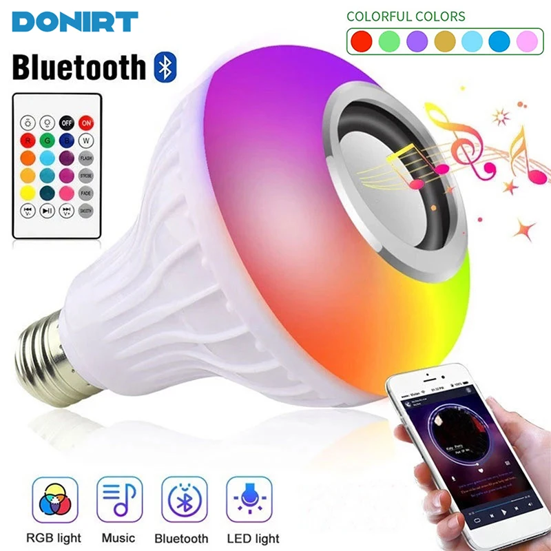 لمبة إضاءة موسيقية LED مدمجة سمّاعات بلوتوث E27 لمبة إضاءة ذكية لاسلكية مع جهاز تحكم عن بعد RGB ضوء ليلي متغير اللون
