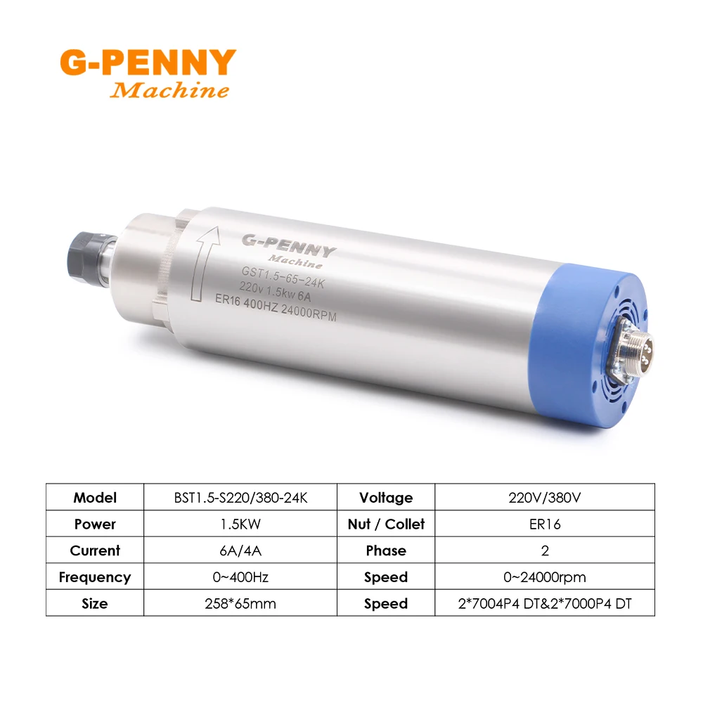 New Arrival! G-Penny 1.5k ER16 D=65mm Air Cooled Spindle Motor110v/220v Wood Working Air Cooling 65x258mm 4 Bearings