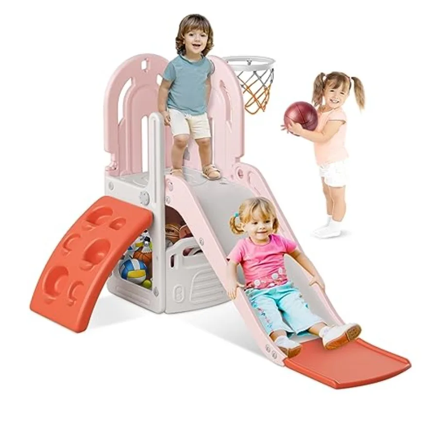 

Детская горка 4 в 1, детская горка для восхождения для малышей от 1 до 3 лет с баскетбольным кольцом и мячом, игровая игра в помещении и на открытом воздухе на заднем дворе