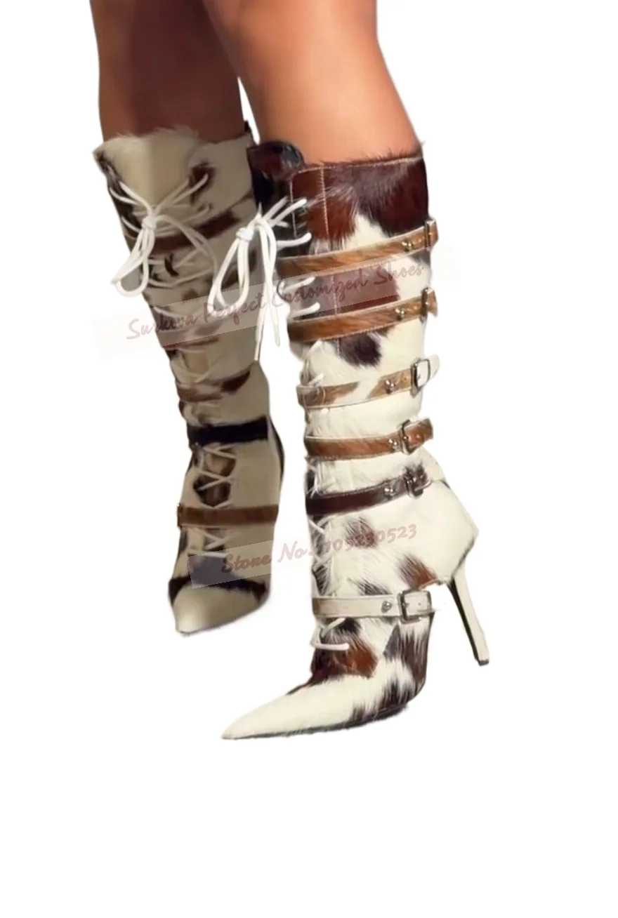 Women Cow Skin Pattern Horsehair Knee Boots White Black Spots Stiletto Heels Belt Buckle Straps Boots Lace-Up Winter Dress Shoes
