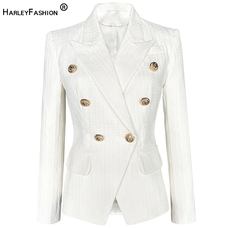 HarleyFashion Fall Bodycon Super Quality Geometric Pattern White Denim Slim Street Blazer