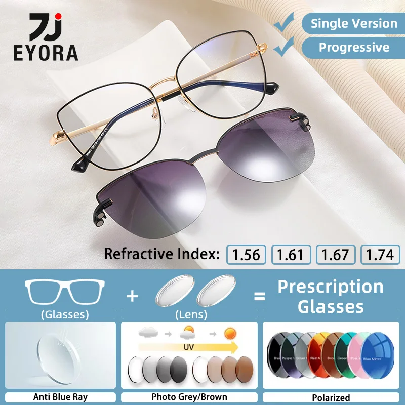 

EYORA Cat Eye Metal Polarized Magnetic Clip-On Women Anti Blue Light Reading Glasses Myopia Eyewear Progressive Eyewear Lens