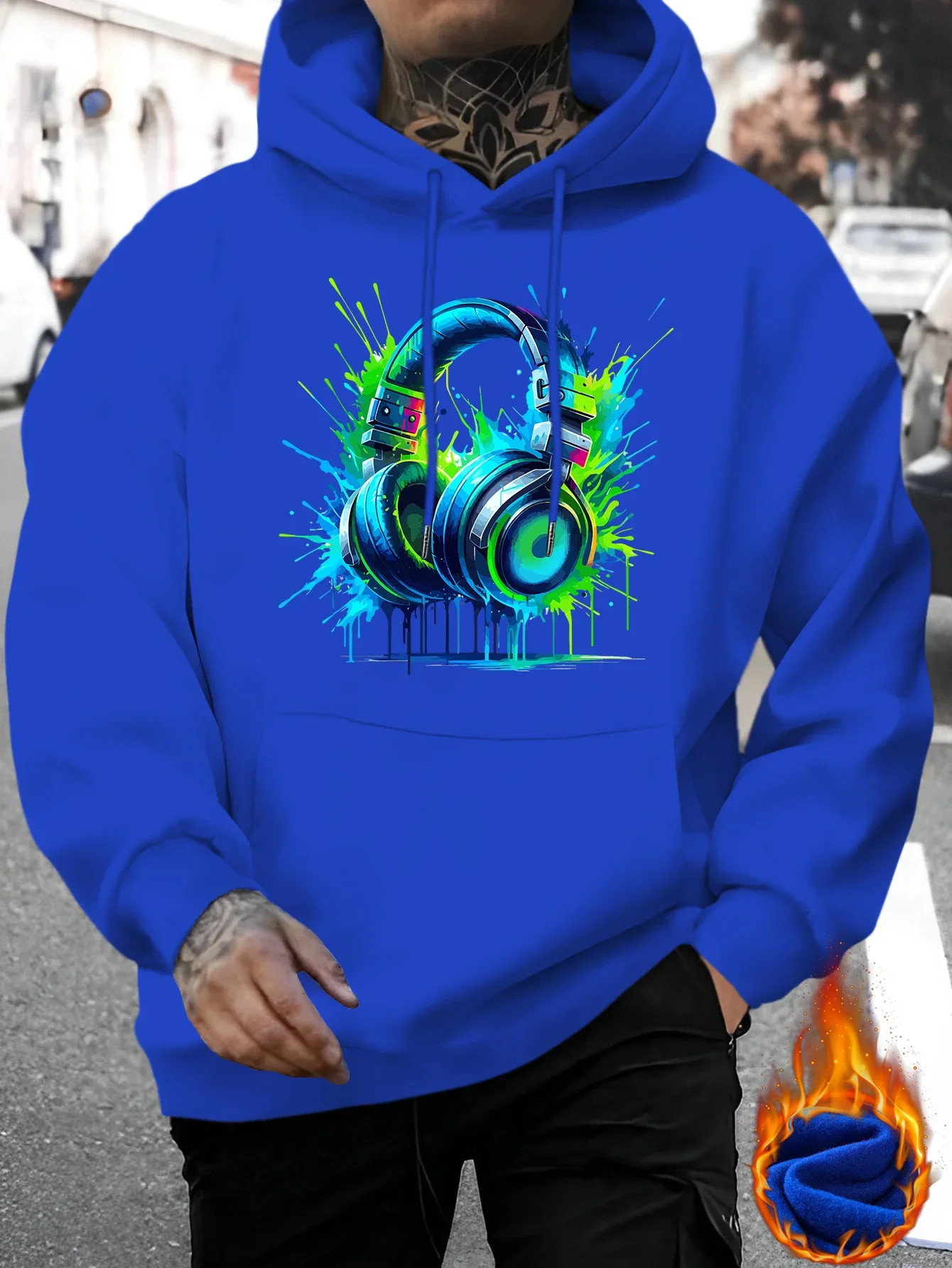 2026 Men Vintage Hoodie Autumn Winter Bright Paint Splash Headphones Music Print Loose Streetwear Pullover Sweatshirt