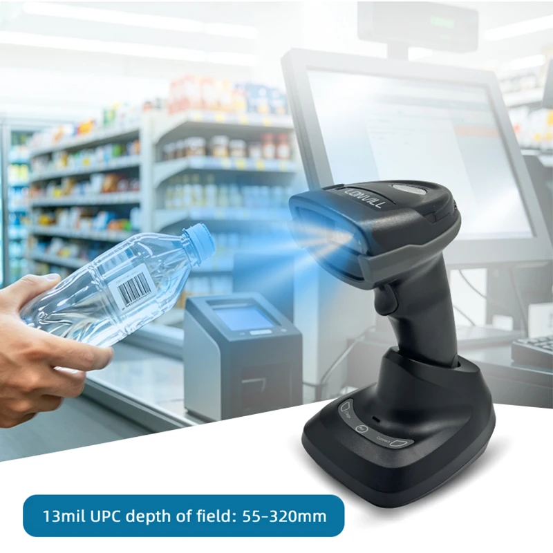 LONVILL 2.4G Blue Tooth 5.0 HID SPP BLE USB Manual and Smart Sensing Handheld 2D Barcode Scanner with Quick Charge Base
