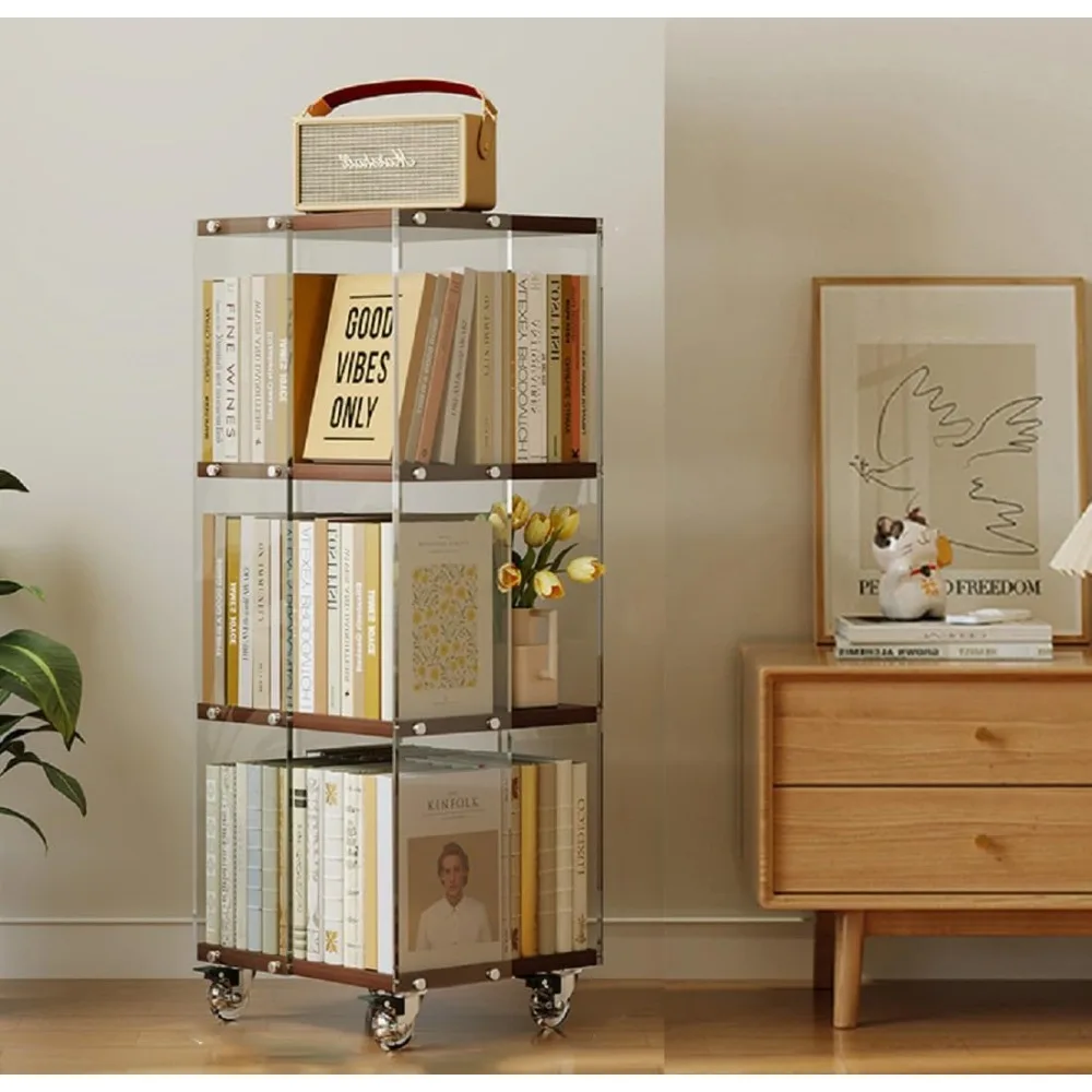 

3 Tier Mobile Bookshelf Clear Acrylic Bookcase Floor Standing Cube Storage Cabinet Small Corner Display Shelf for Home Office