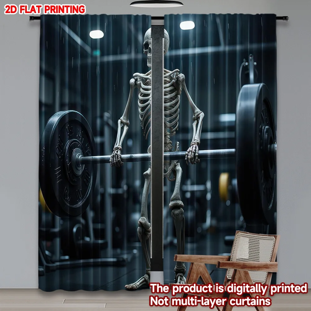 

2D flat printing 2pcs Scene Curtains Skeleton Weightlifting Scene Digital Printed Polyester Drapes Family Party Decoration