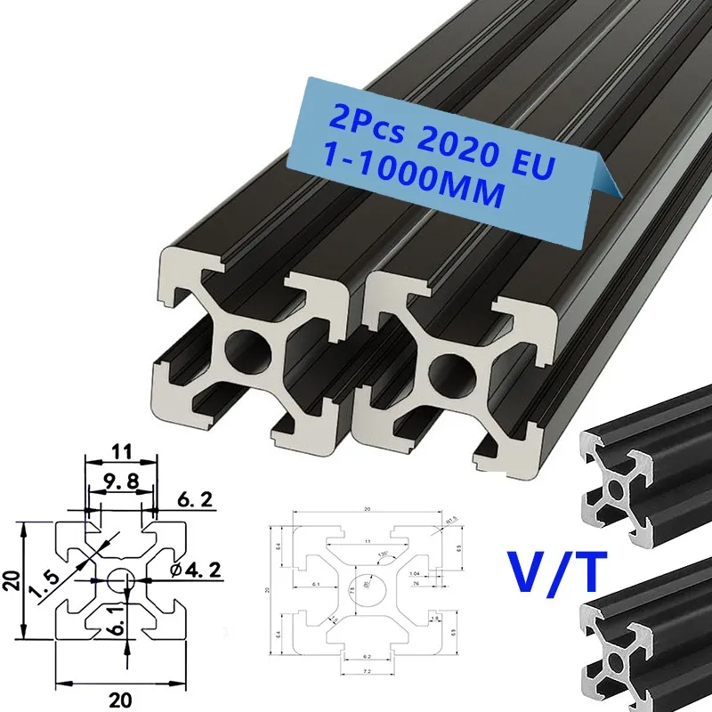 2PCS 1-1000mm 2020 V-slot T-slot Aluminum Extrusions Aluminum Profiles Anodized European Standard Linear Rail Frame 3D Printer