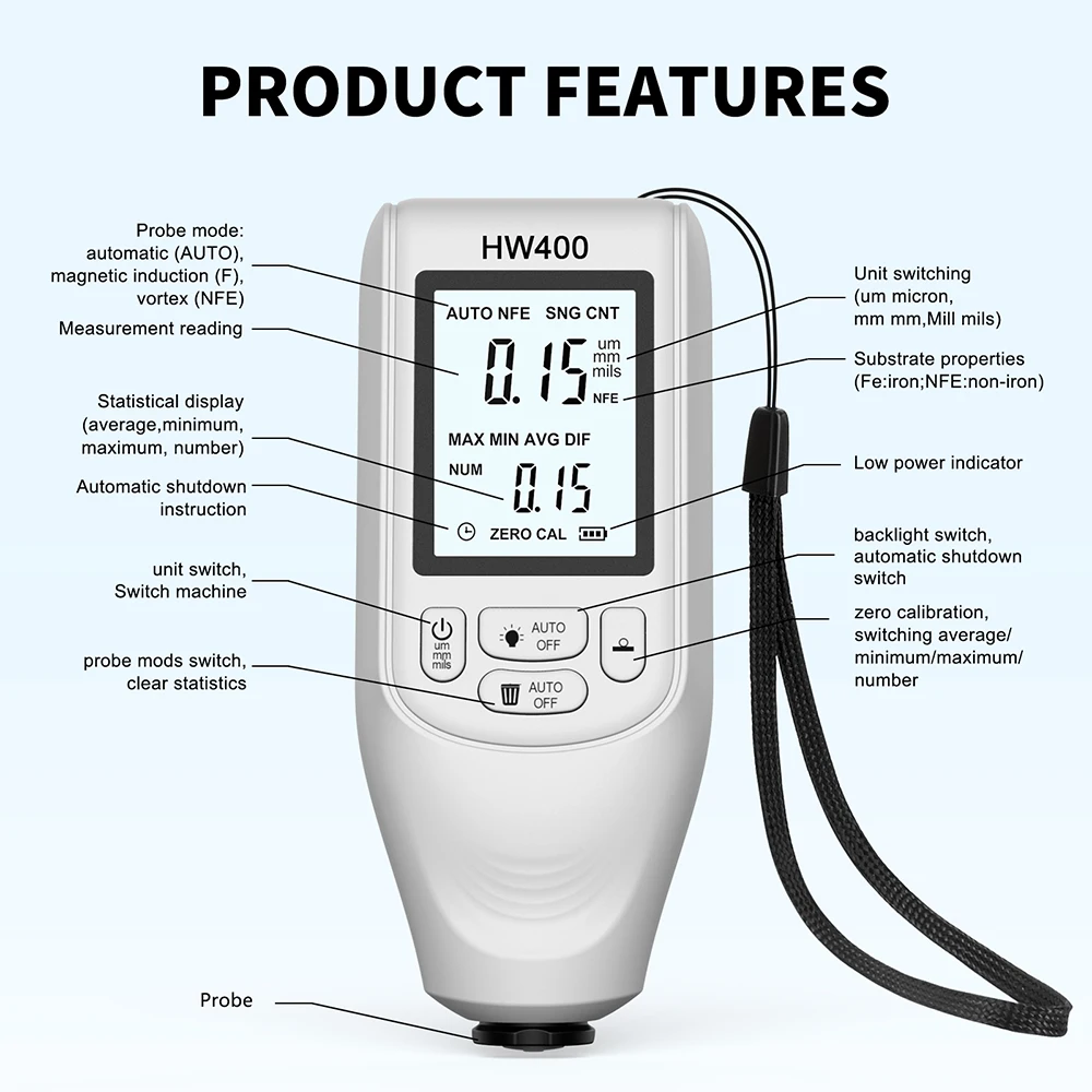 Thickness Gauge for Cars Film Automatic Thickness Gauge 0-2000μm Fe NFE Coating Meter Automotive Paint Thickness Tester