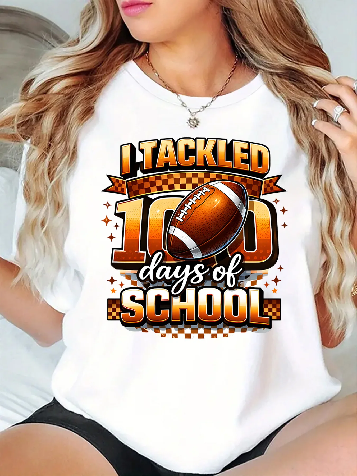 Cute I Tackled 100 Days Of School Football Checkered Art Print Graphic Ladies T Shirt Short Sleeve Crew Neck Casual Tee Tops