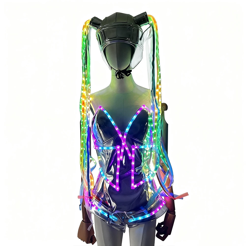 كامل اللون LED بذلة المرأة زي الخيال مضيئة الضفائر الطويلة حفلة تنكرية المرحلة DS أداء الملابس بار DJ ازياء