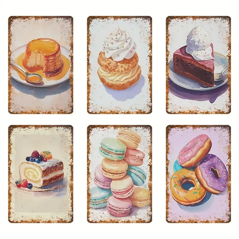 Jitlot of 6 Vintage Metal Plates on Desserts - Retro with Donuts, Macarons, Cheesecakes And Waffles, with Hanging Holes - Durabl