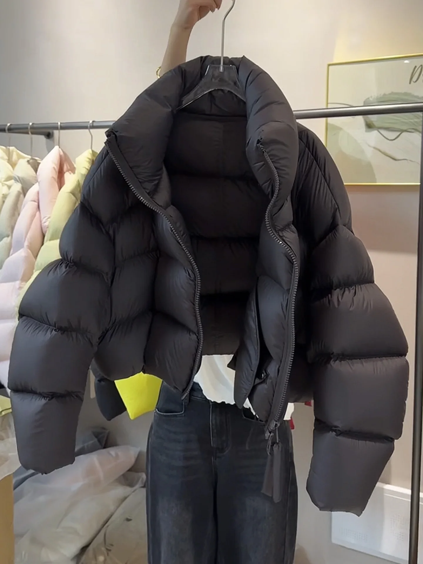 

Корейская женская куртка из искусственного меха Bla Puffer Jaet, зимняя теплая куртка с высокой талией и застежкой-молнией