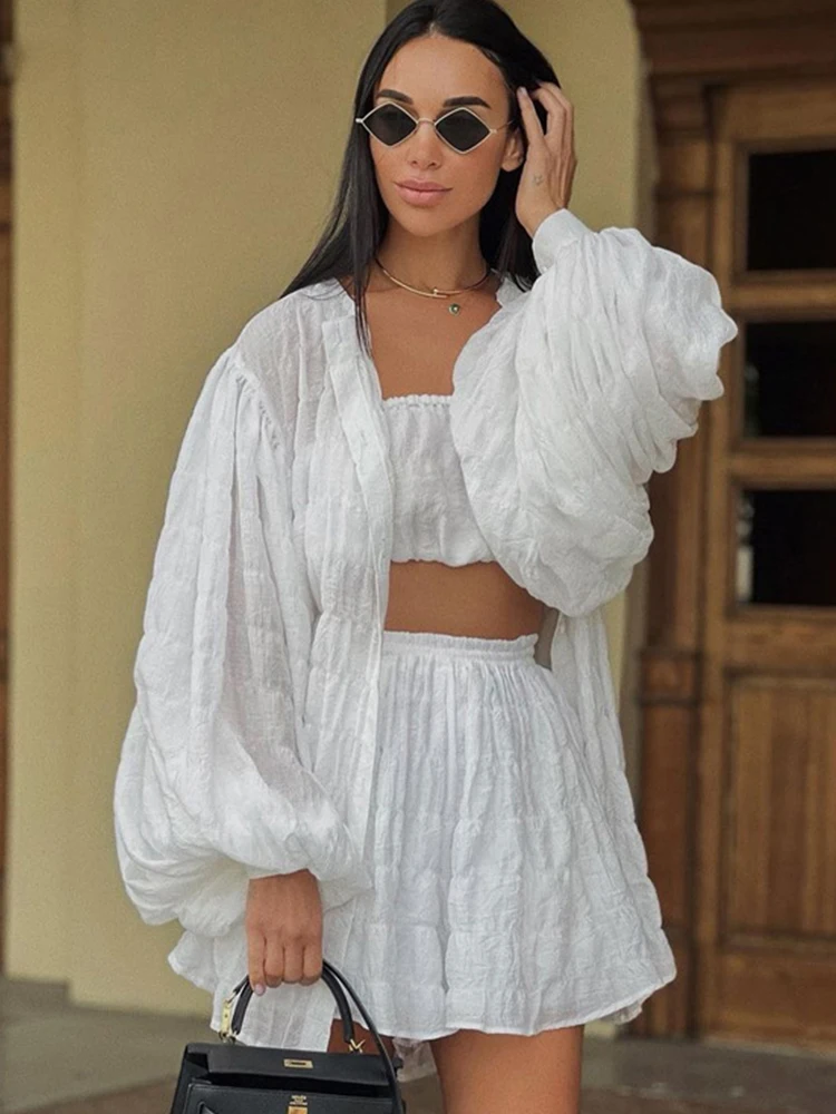 2023 Summer Autumn Women Shorts Set Long Sleeve Solid White Holiday 2 Two Piece Matching Sets For Women